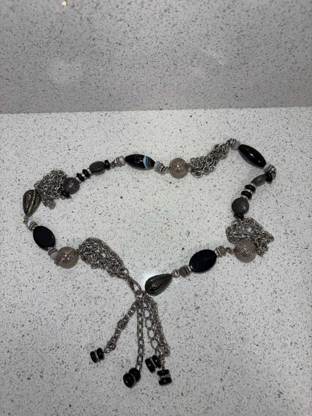 Elegant Black and Silver Beaded Statement Necklace